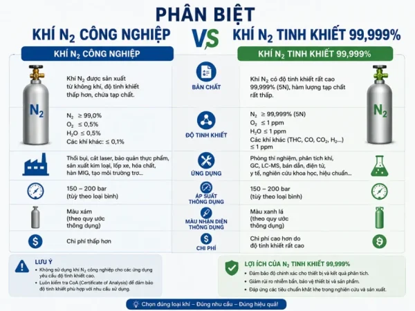 phân biệt khí N2 công nghiệp và Khí N2 tinh khiết